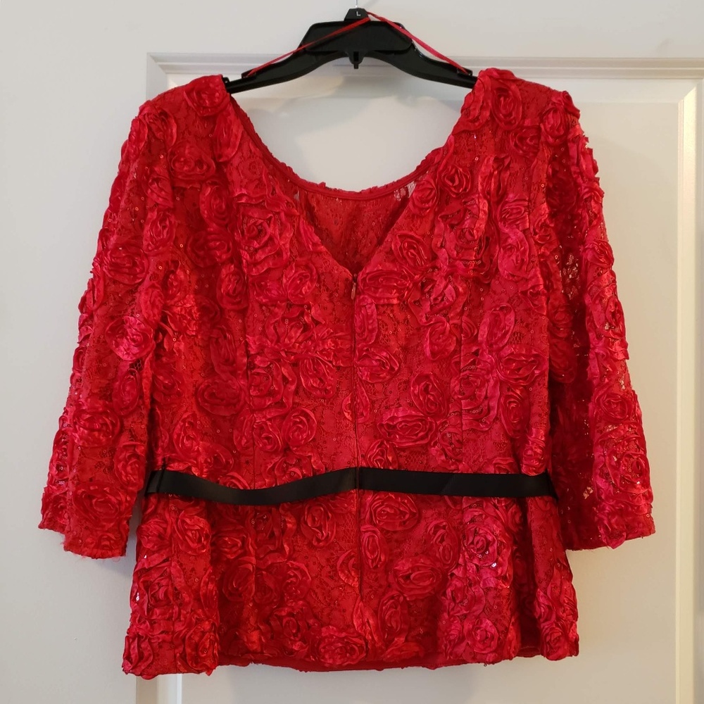 Red silk flower evening top
